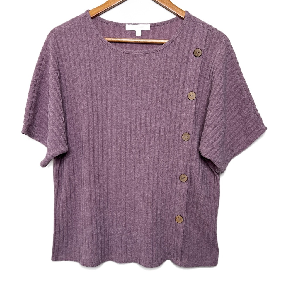 IVY.RIDGE Purple Ribbed Knit Dolman Sleeve Asymmetrical Button Top Women's Large - Picture 5 of 16
